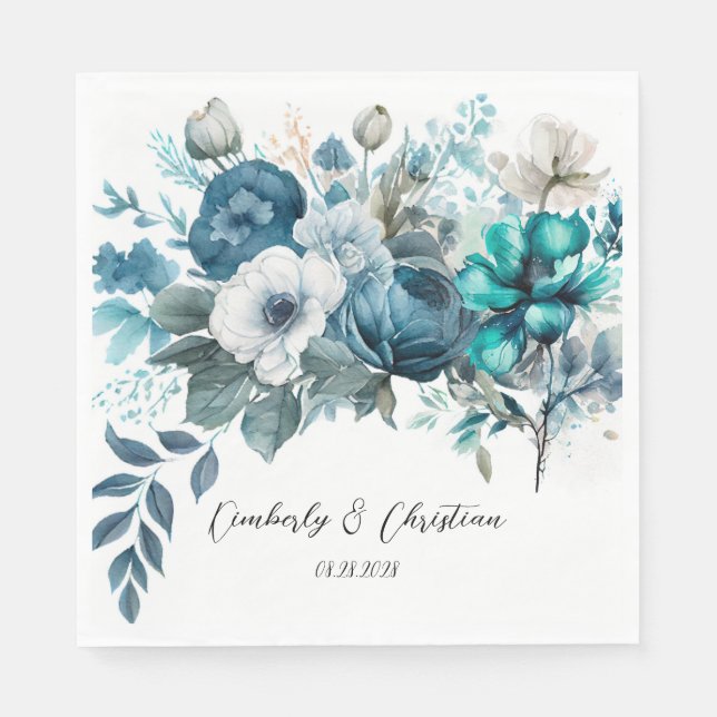 Airy Blue and Teal Peony Rustic Wedding Napkin (Front)