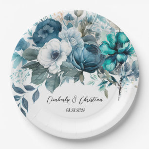 Airy Blue and Teal Peony Rustic Wedding Paper Plate