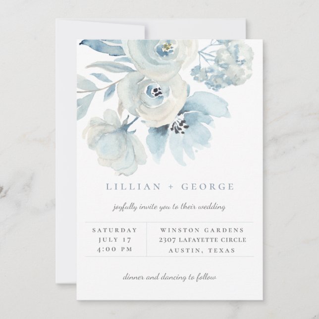 Airy Blue Floral Bouquet Wedding Invitation (Front)