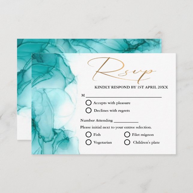  Airy Blue Turquoise Watercolor teal gold wedding RSVP Card (Front/Back)