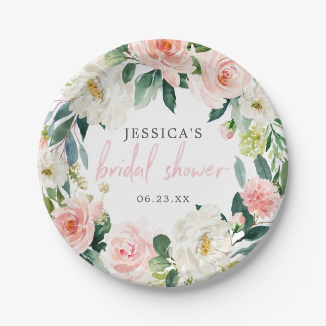 Airy Blush Floral Bridal Shower Paper Plate (Front)