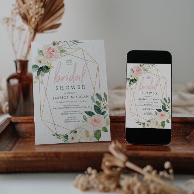 Airy Blush Floral Gold Bridal Shower Invitation (Creator Uploaded)
