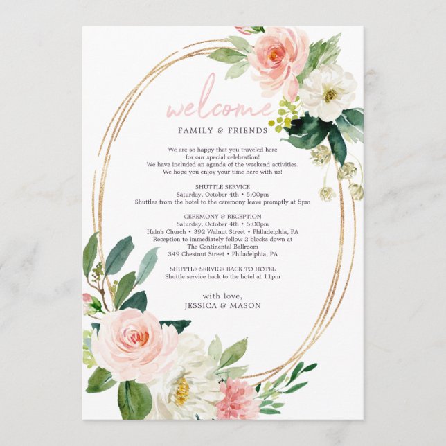 Airy Blush Floral Wedding Welcome Itinerary Program (Front)