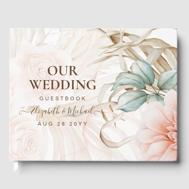 Airy BOHO Pampas Grass Light Peach Wedding Guest Book (Front)