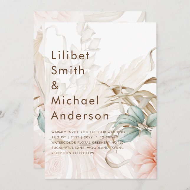 Airy BOHO Pampas Grass Light Peach Wedding Invitation (Front/Back)