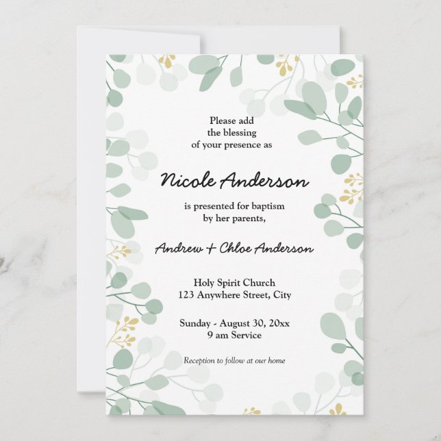 Airy Botanical Baptism Invitation (Front)