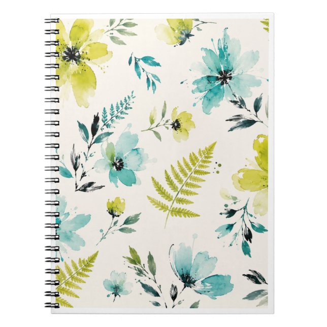 Airy Chartreuse and Teal Floral Design Notebook (Front)
