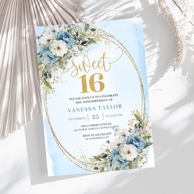 Airy Dusty Blue Floral Greenery Sweet 16th Invite (Airy Dusty Blue Floral Greenery Sweet 16th Invite)