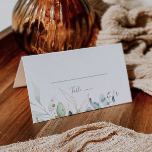 Airy Greenery and Gold Folded Wedding Place Card