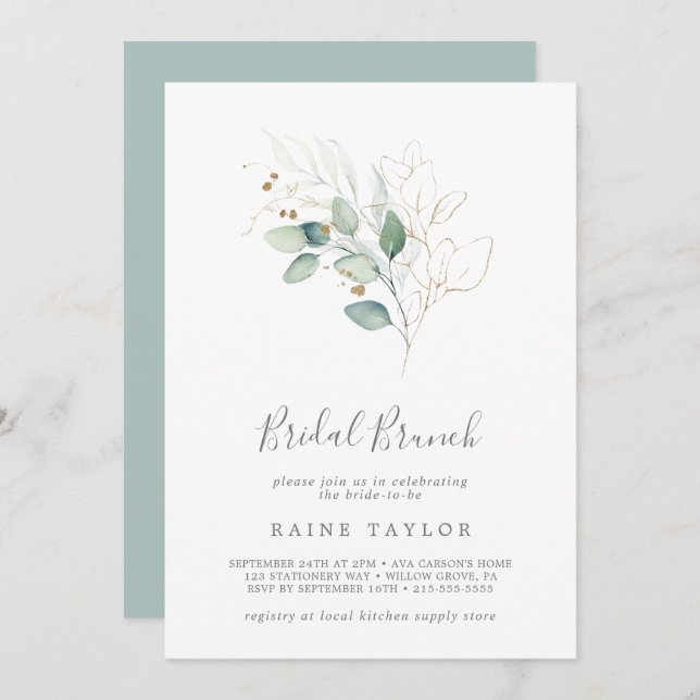 Airy Greenery and Gold Leaf Bridal Brunch Invitation (Front/Back)