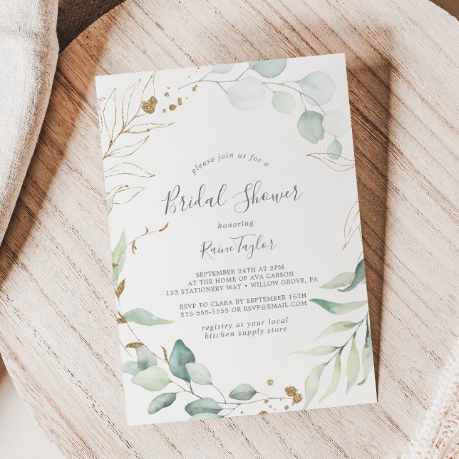 Airy Greenery and Gold Leaf Bridal Shower Invitation (Creator Uploaded)