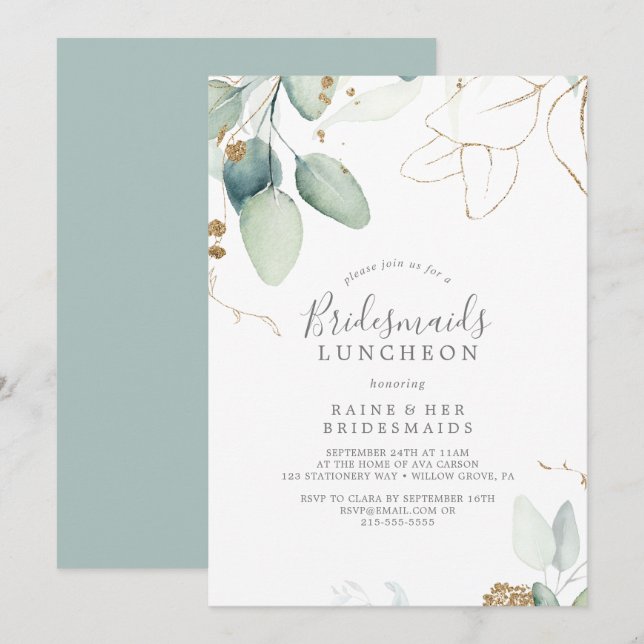 Airy Greenery and Gold Leaf Bridesmaids Luncheon Invitation (Front/Back)