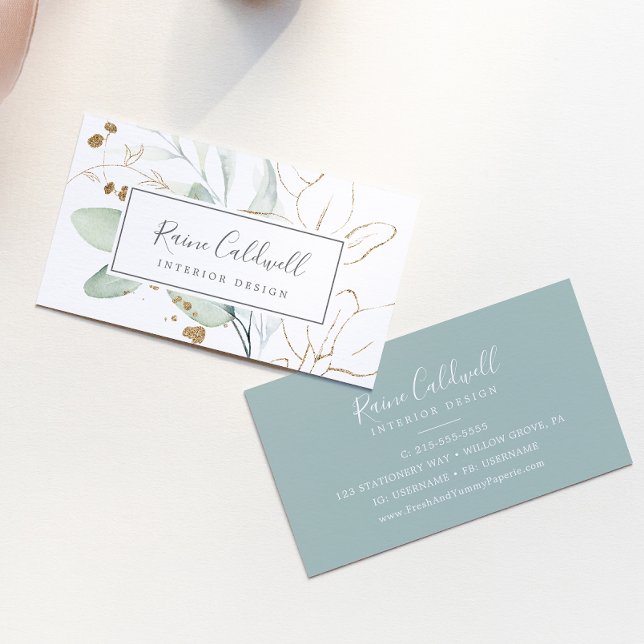 Airy Greenery and Gold Leaf Business Card (Creator Uploaded)