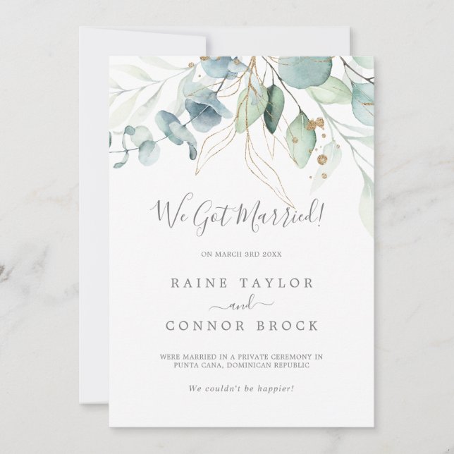 Airy Greenery and Gold Leaf Elopement Announcement (Front)