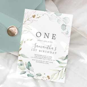 Airy Greenery and Gold Leaf First Birthday Party Invitation