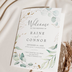 Airy Greenery and Gold Leaf Folded Wedding Program