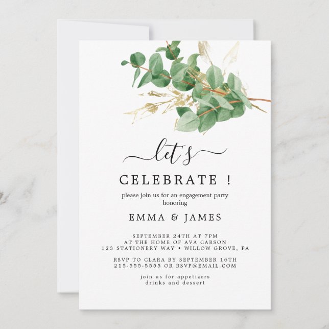Airy Greenery and Gold Leaf "Let's Celebrate"  Invitation (Front)