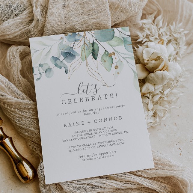 Airy Greenery and Gold Leaf Let's Celebrate Invitation (Creator Uploaded)