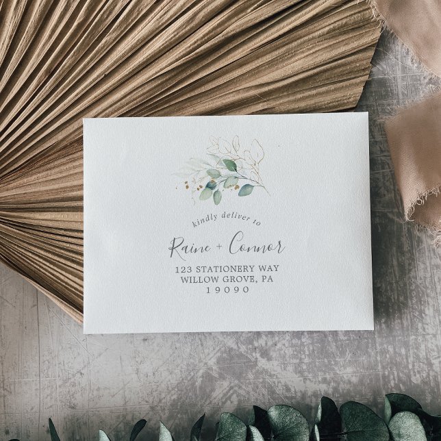 Airy Greenery and Gold Leaf Self-Addressed RSVP Envelope (Creator Uploaded)
