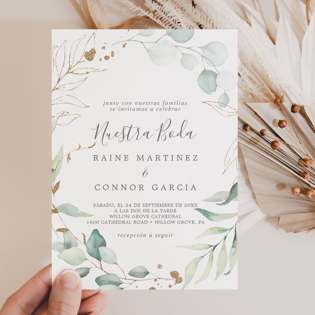 Airy Greenery and Gold Leaf Spanish Nuestra Boda Invitation (Creator Uploaded)