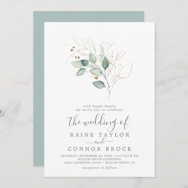 Airy Greenery and Gold Leaf The Wedding Of Invitation (Front/Back)
