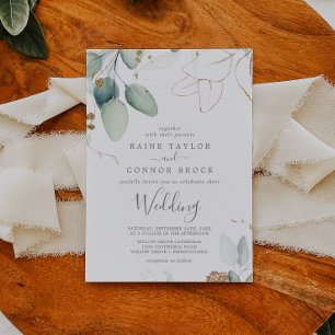 Airy Greenery and Gold Leaf Wedding Invitation