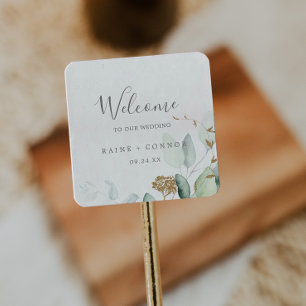 Airy Greenery and Gold Leaf Wedding Welcome Square Sticker