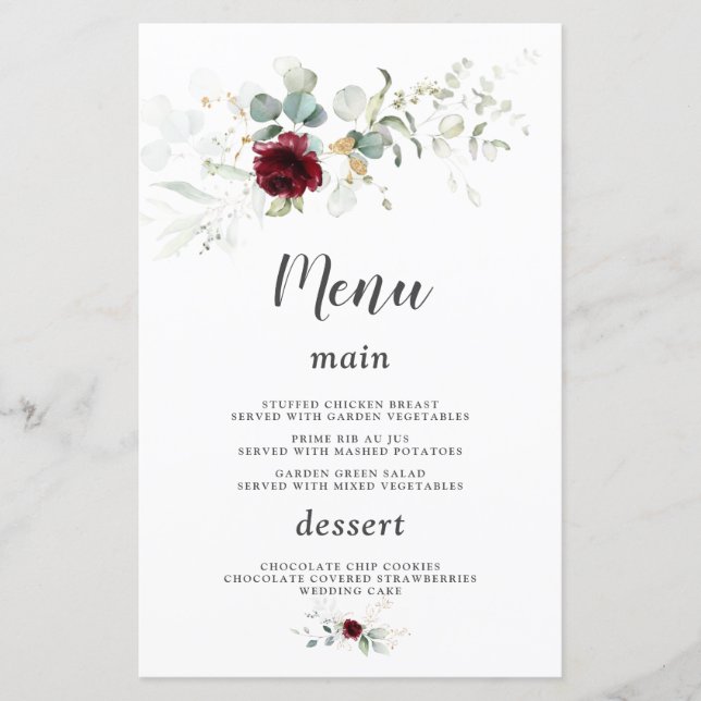 Airy Greenery Burgundy Floral Gold Wedding Menu (Front)