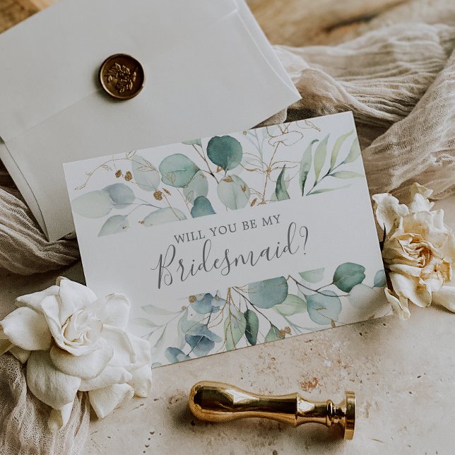 Airy Greenery & Gold Leaf Bridesmaid Proposal Card (Creator Uploaded)