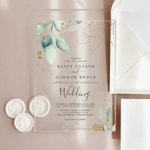 Airy Greenery Gold Leaf Elegant Eucalyptus Wedding Acrylic Invitations