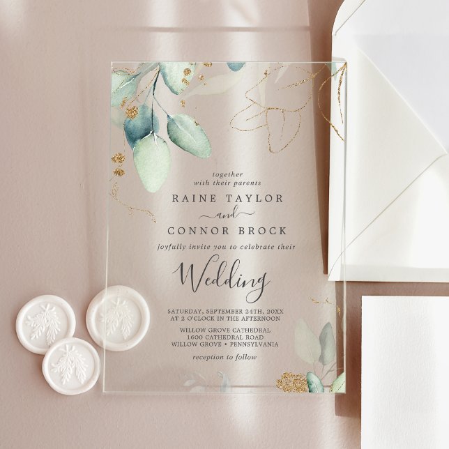 Airy Greenery Gold Leaf Elegant Eucalyptus Wedding Acrylic Invitations (Airy Greenery Gold Leaf Elegant Eucalyptus Wedding Acrylic Invitations)