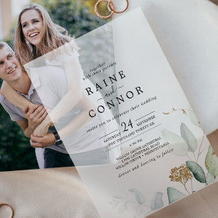 Airy Greenery Gold Leaf Elegant Wedding Vellum Invitations