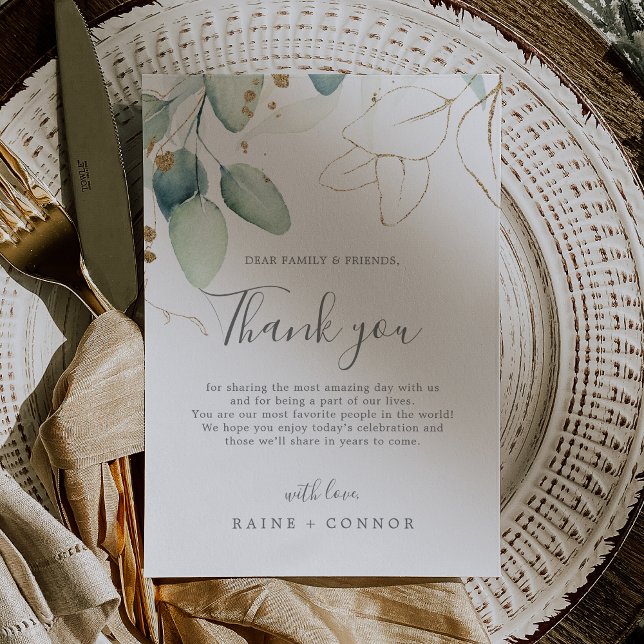 Airy Greenery & Gold Leaf Thank You Reception Card (Airy Greenery & Gold Leaf Thank You Reception Card)