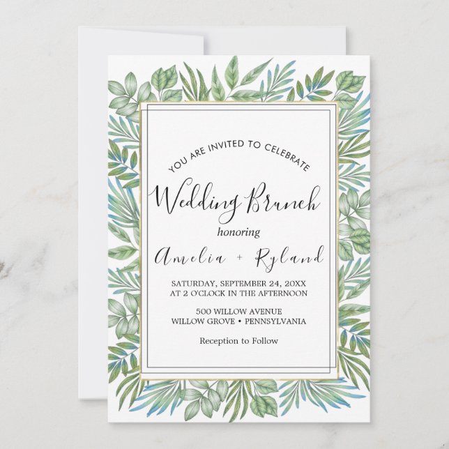 Airy Greenery & Gold Leaf Wedding Brunch  Invitation (Front)