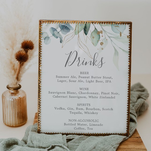 Airy Greenery & Gold Leaf Wedding Drinks Menu Sign (Creator Uploaded)