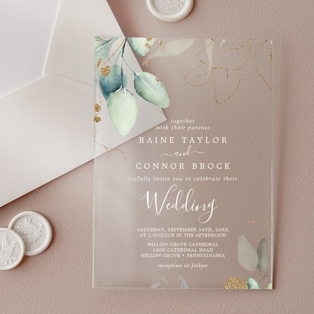 Airy Greenery Gold Leaf White Eucalyptus Wedding Acrylic Invitations (Airy Greenery Gold Leaf White Eucalyptus Wedding Acrylic Invitations)
