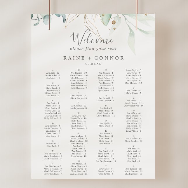Airy Greenery Gold Wedding Seating Chart Template (Airy Greenery Gold Wedding Seating Chart Template)