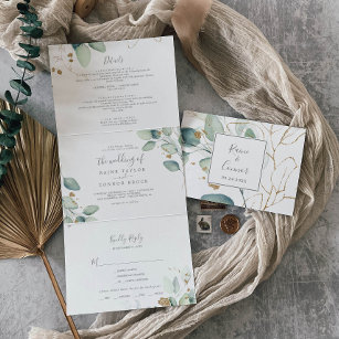 Airy Greenery   Leaf Back Wedding All In One Tri-Fold Invitation