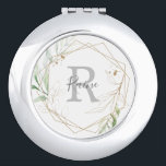Airy Greenery Name and Initial Bridesmaid Gift Compact Mirror<br><div class="desc">This airy greenery name and initial bridesmaid gift compact mirror is perfect for a modern wedding. The elegant botanical design features light and airy watercolor eucalyptus accented with whimsical gold glitter leaves. Personalise the mirror with your bridesmaids first name and first initial monogram.</div>