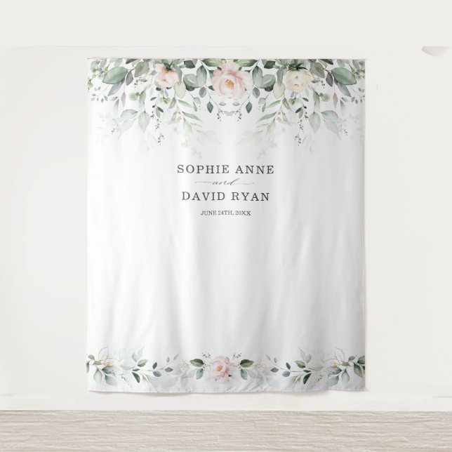 Airy Greenery Pink Floral Gold Wedding Photo Prop  Tapestry (Front)