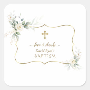 Airy Greenery White Flowers Boy Christening Square Sticker