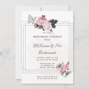 Airy Pink Black Peony Silver Bridesmaids Luncheon Invitation