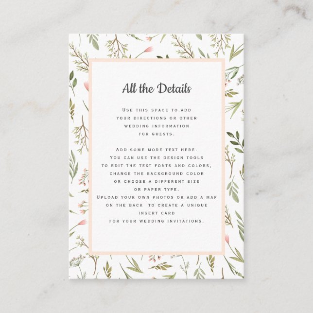 Airy  Pink Wildflower WEDDING Details Directions Enclosure Card (Front)