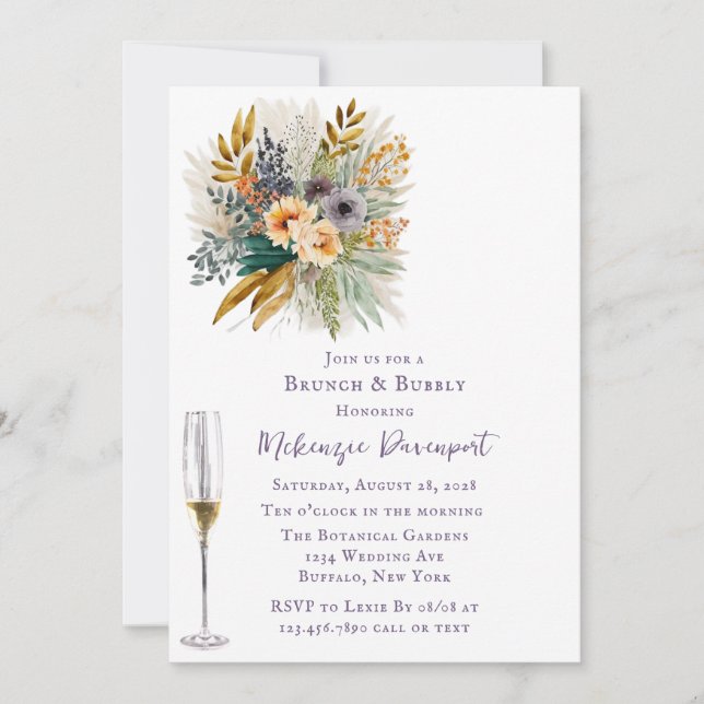 Airy Purple and Gold Peony Brunch and Bubbly Invitation (Front)