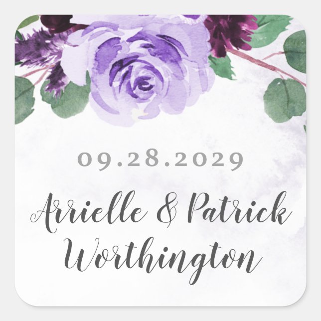 Airy Purple and Silver Floral Elegant Wedding Square Sticker (Front)