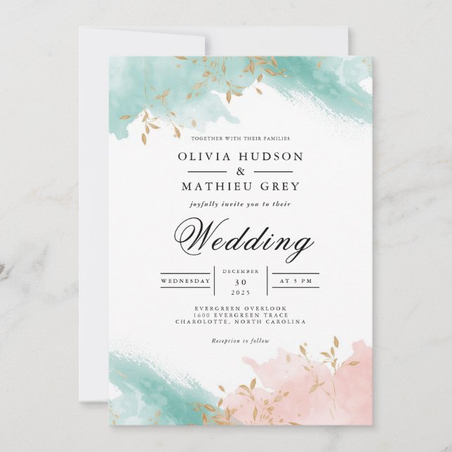 Airy Teal Coral Flourish Wedding Invitation (Front)
