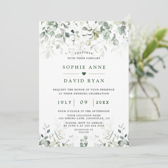 Airy Watercolour Greenery Gold Wedding  Invitation (Standing Front)