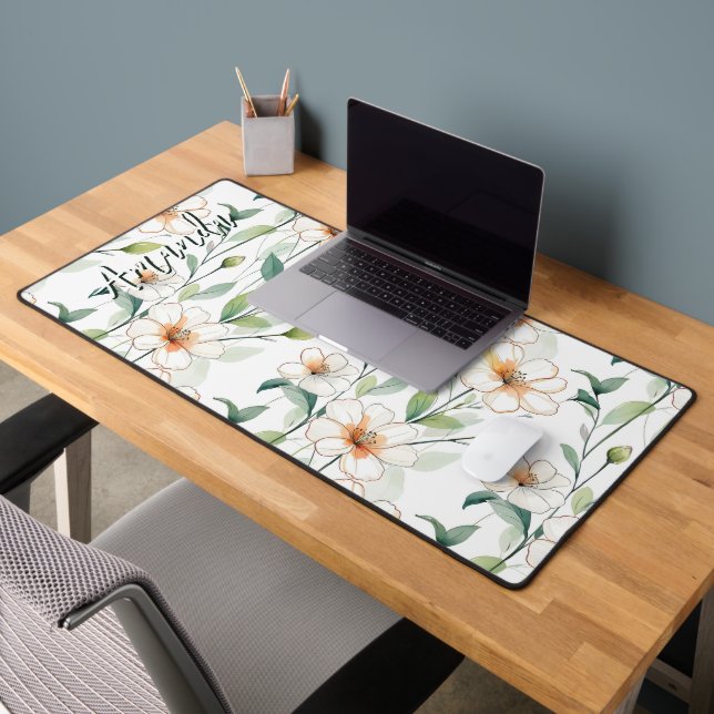 Airy White Flowers Greenery Pattern Blossom Floral Desk Mat (Office 2)