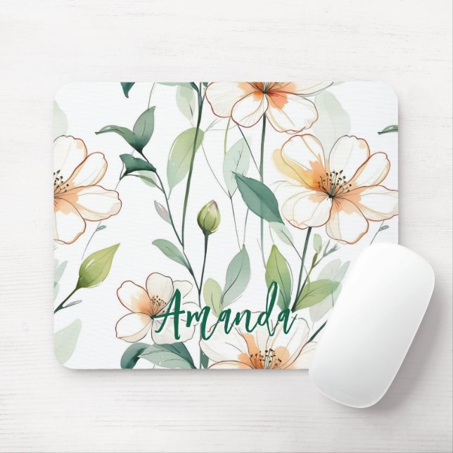 Airy White Flowers Greenery Pattern Blossom Floral Mouse Pad (With Mouse)