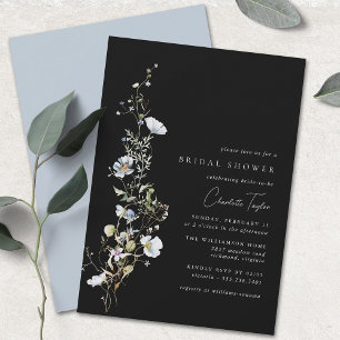 Airy Wildflower   Black Blue Floral Bridal Shower Invitation